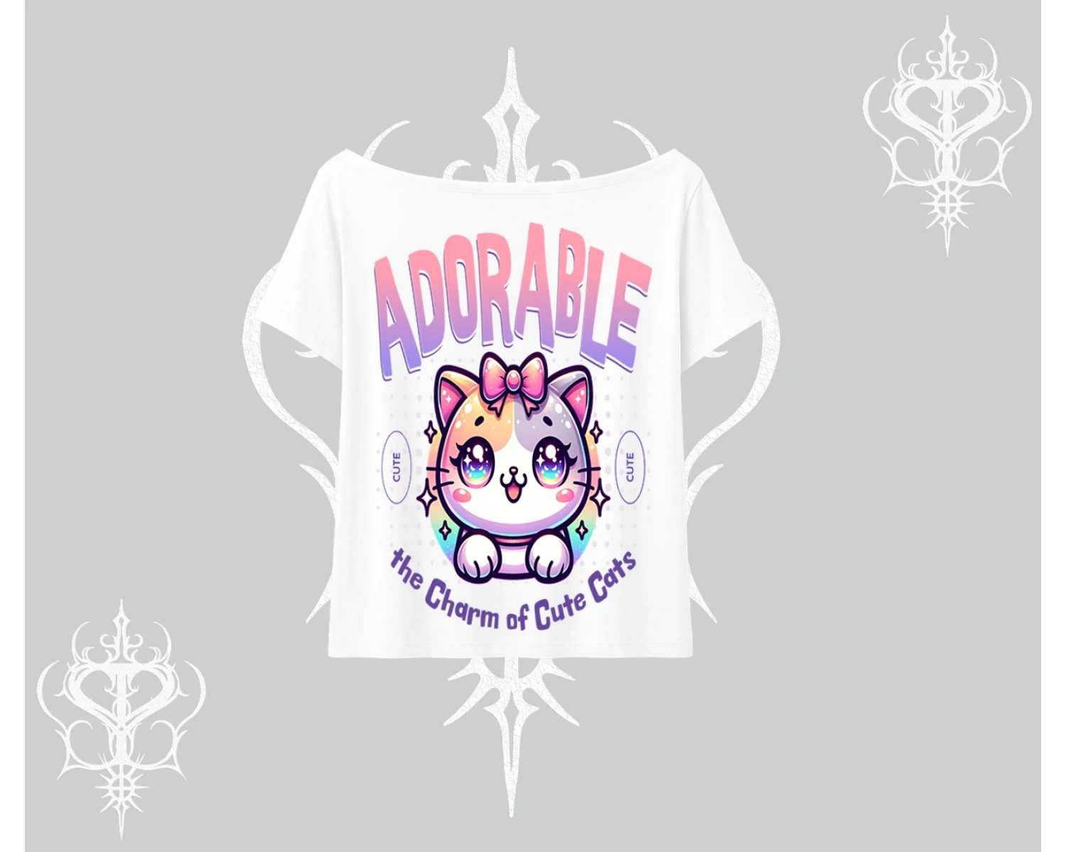 Adorable Kawaii Kedi Arka Baskılı Kayık Yaka Tshirt