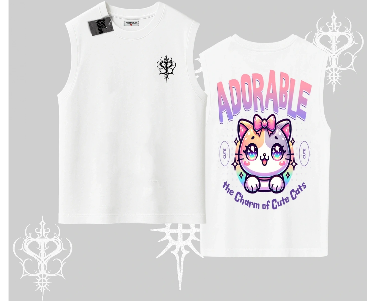 Adorable Kawaii Kedi Arka Baskılı Kolsuz Tshirt