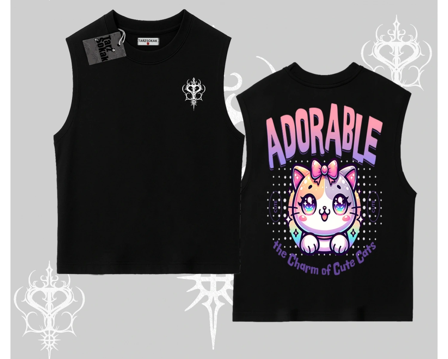 Adorable Kawaii Kedi Arka Baskılı Kolsuz Tshirt