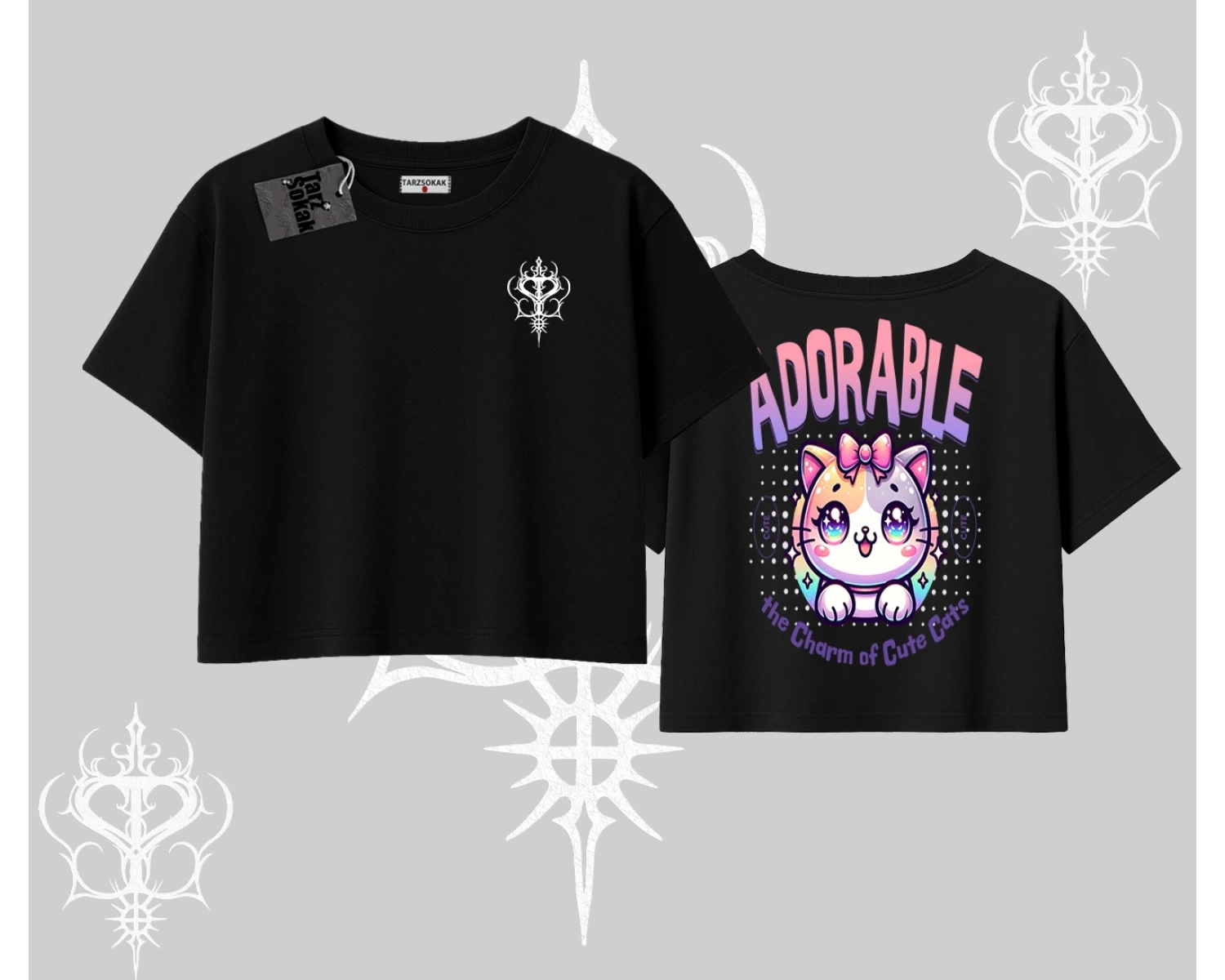 Adorable Kawaii Kedi Arka Baskılı Oversize Crop Tshirt