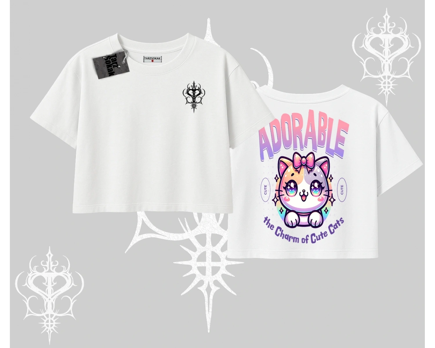 Adorable Kawaii Kedi Arka Baskılı Oversize Crop Tshirt