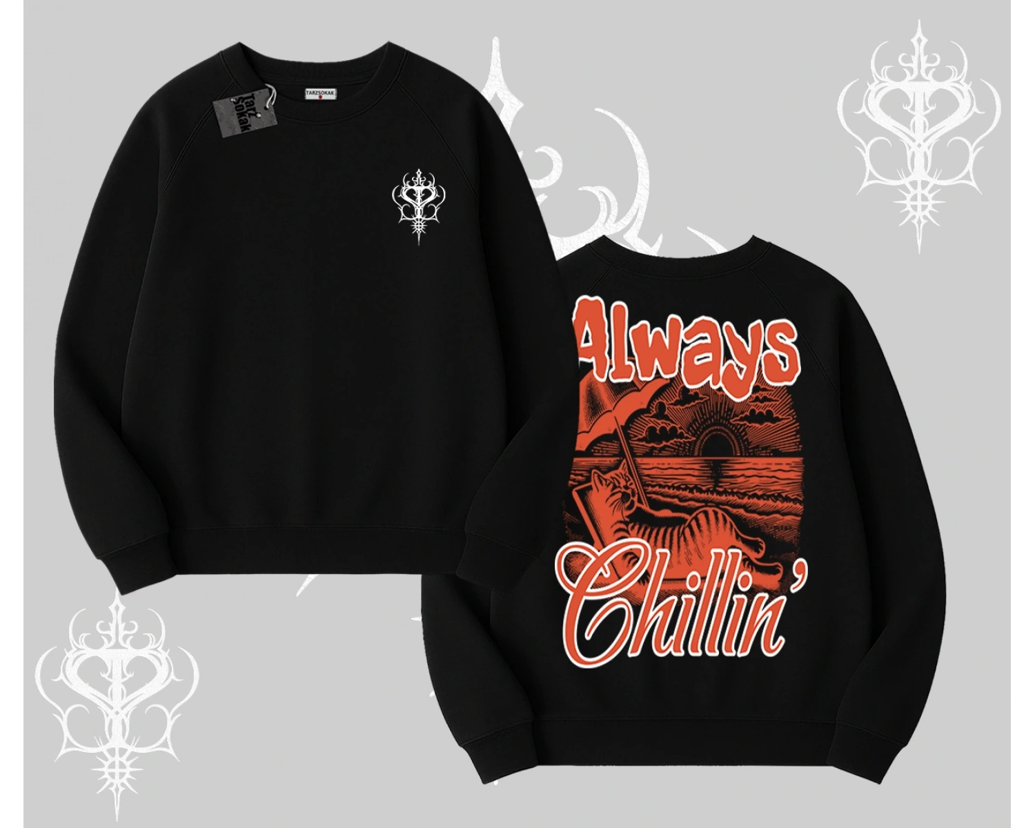 Always Chillin Kedi Arka Baskılı Biskilet Sweatshirt