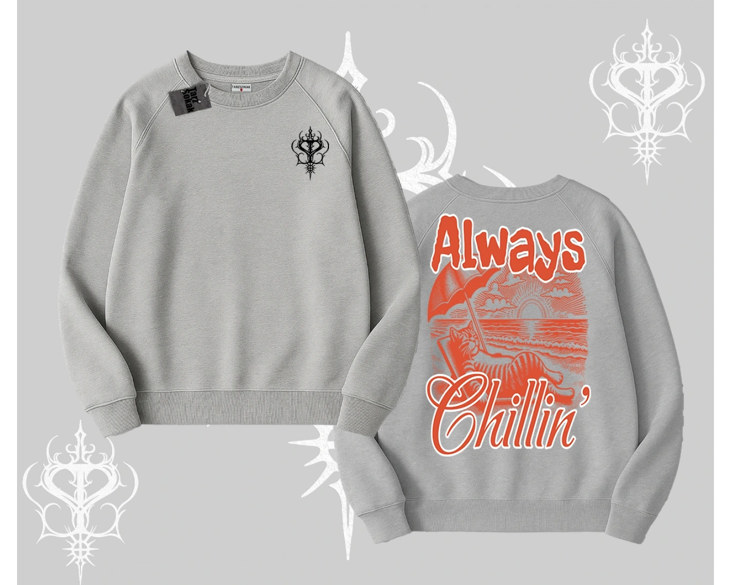 Always Chillin Kedi Arka Baskılı Biskilet Sweatshirt