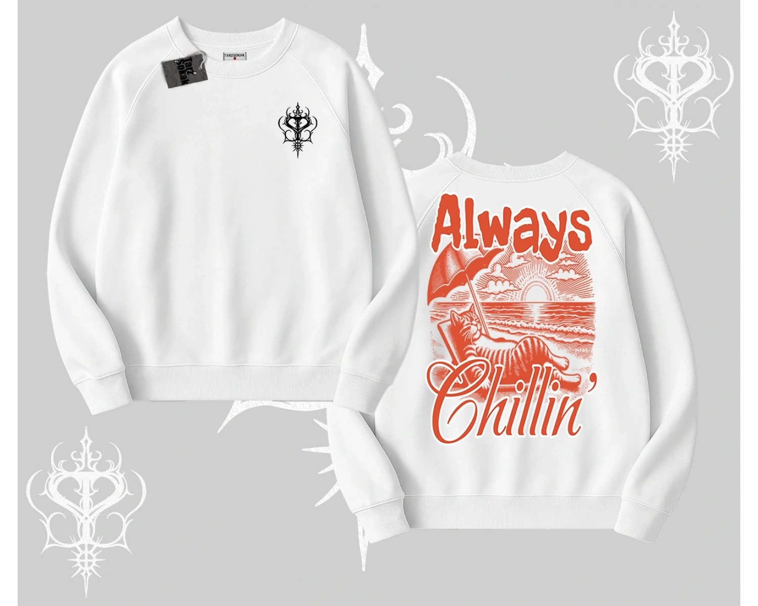 Always Chillin Kedi Arka Baskılı Biskilet Sweatshirt