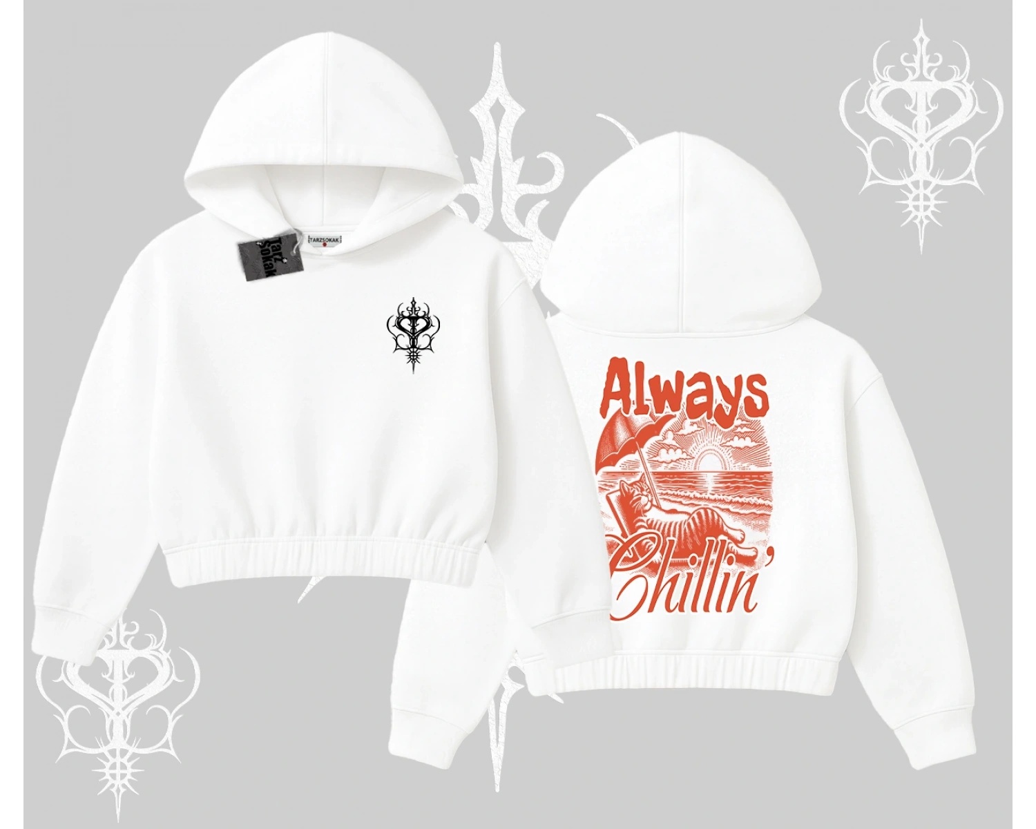 Always Chillin Kedi Arka Baskılı Kapşonlu Crop Sweatshirt
