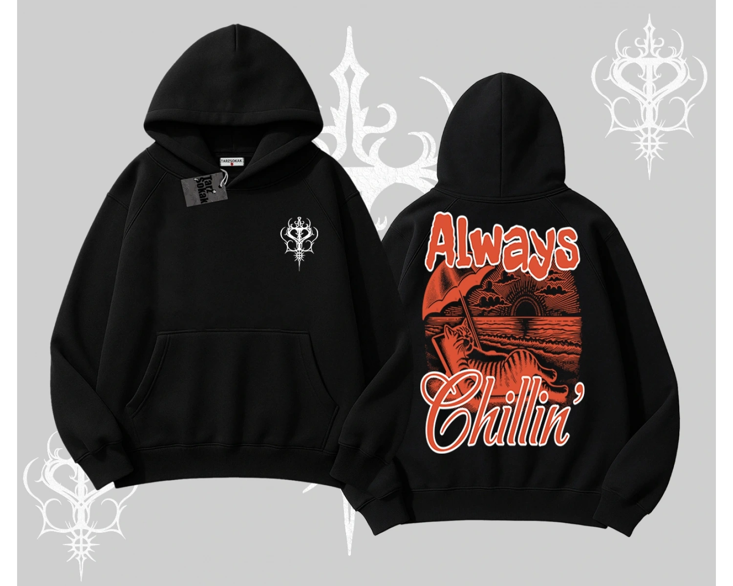 Always Chillin Kedi Arka Baskılı Kapşonlu Sweatshirt