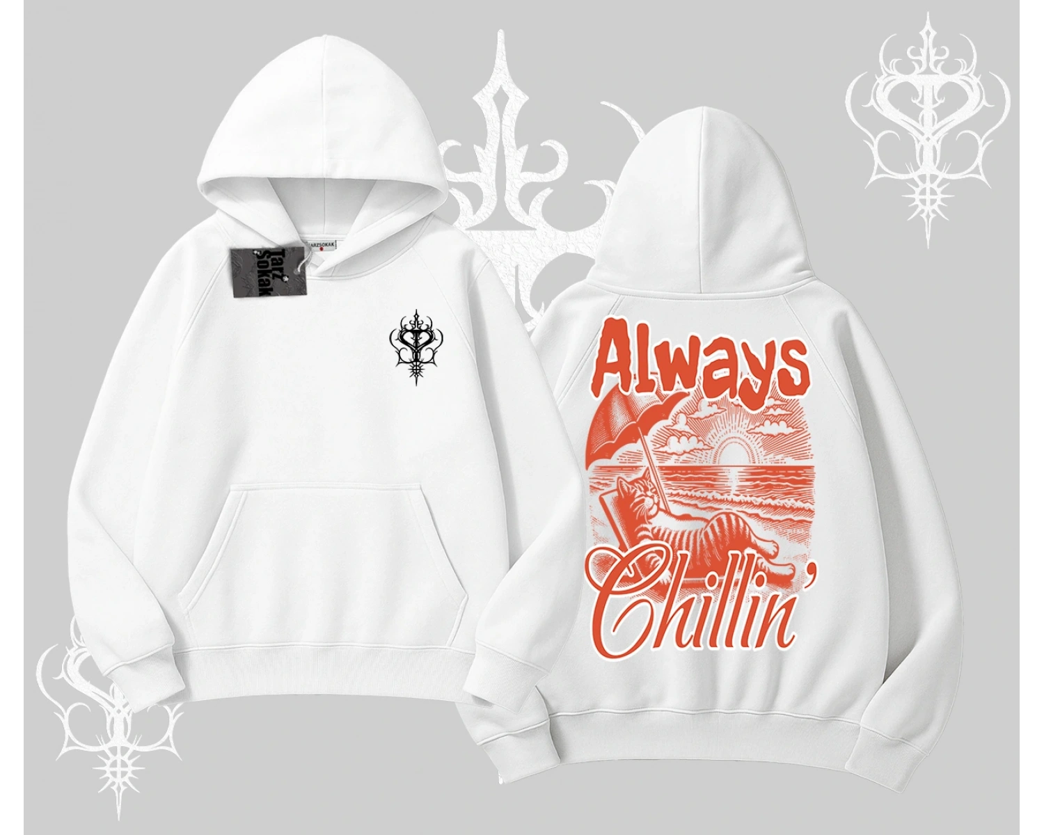 Always Chillin Kedi Arka Baskılı Kapşonlu Sweatshirt