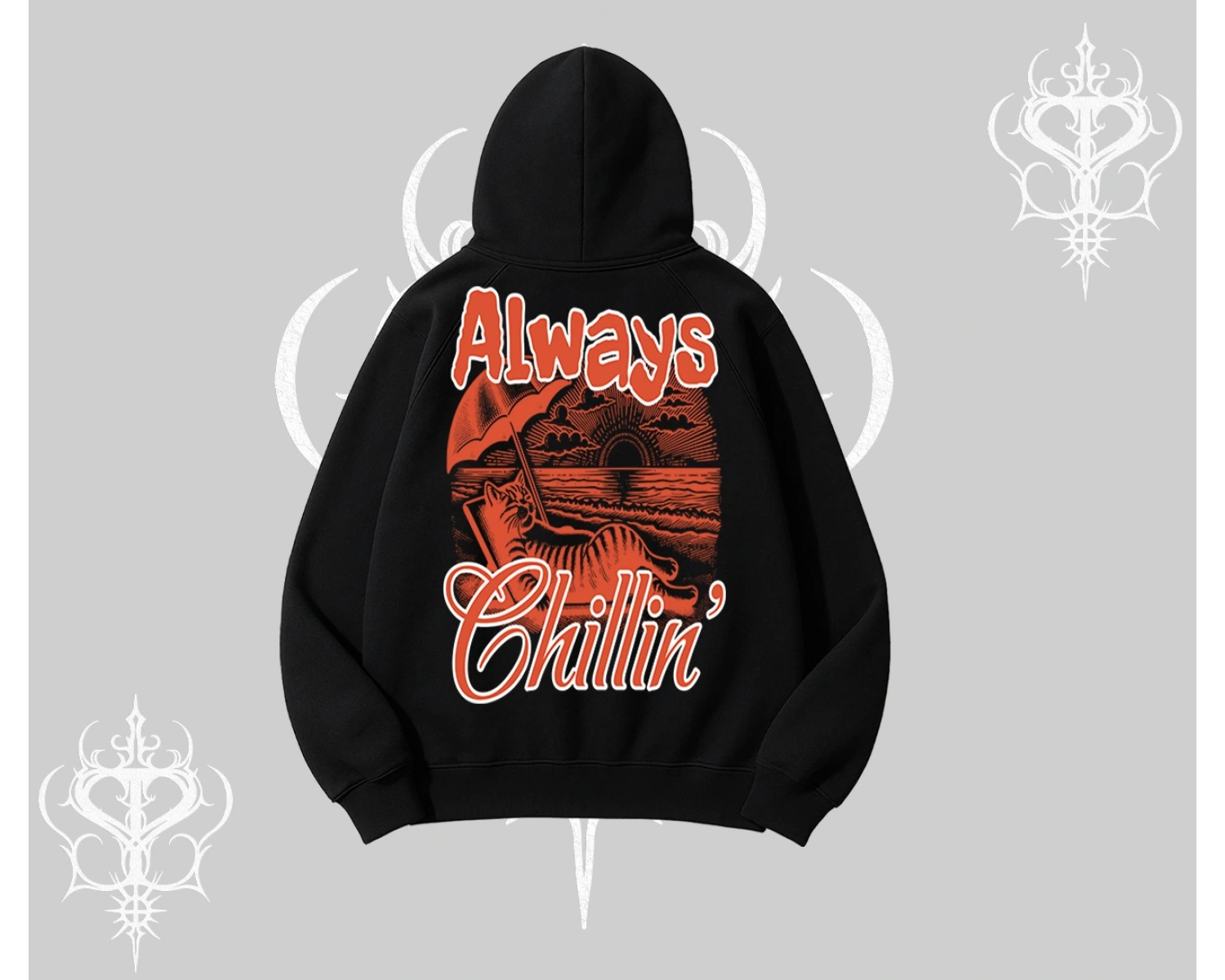 Always Chillin Kedi Arka Baskılı Kapşonlu Sweatshirt