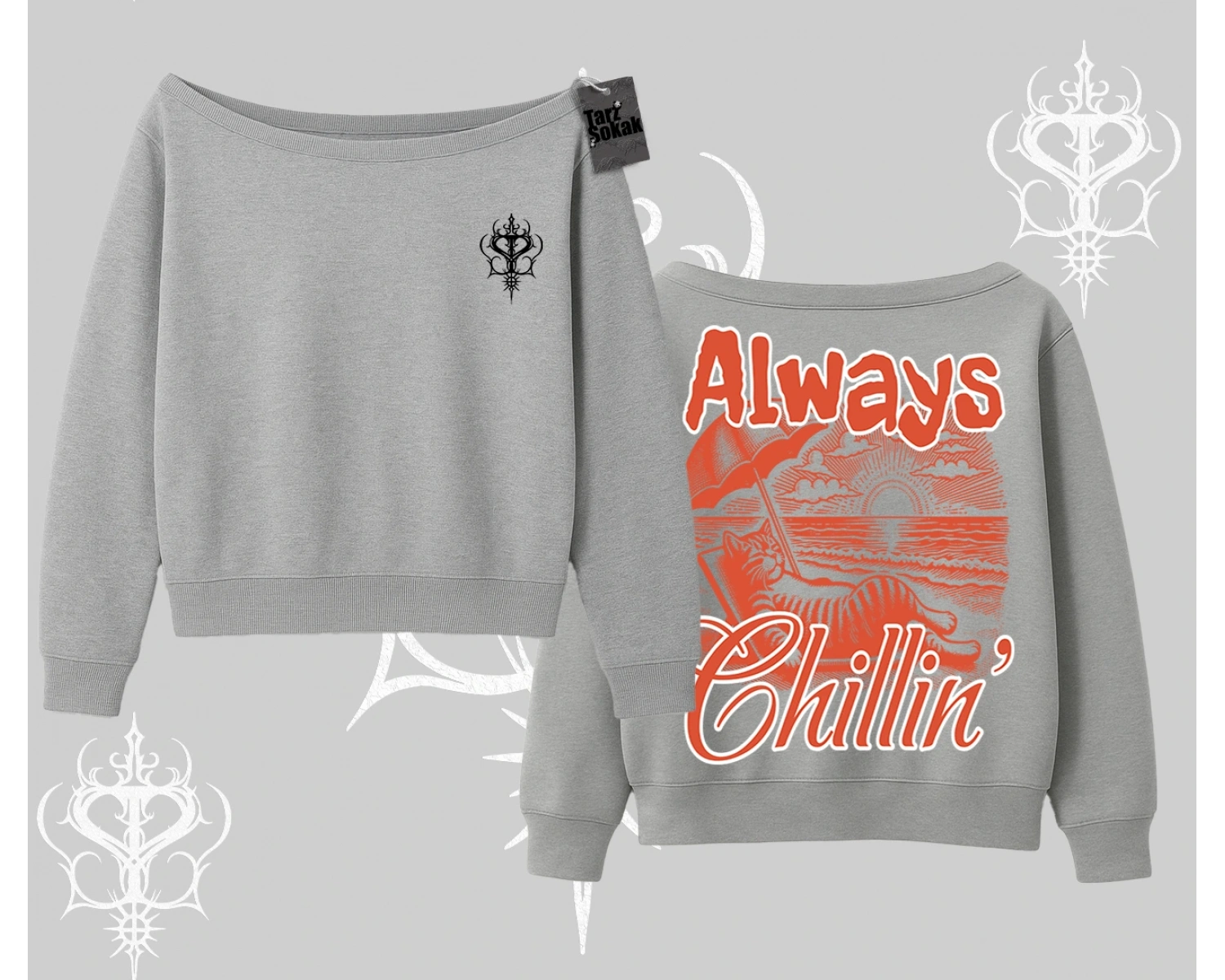 Always Chillin Kedi Arka Baskılı Kayık Yaka Sweatshirt