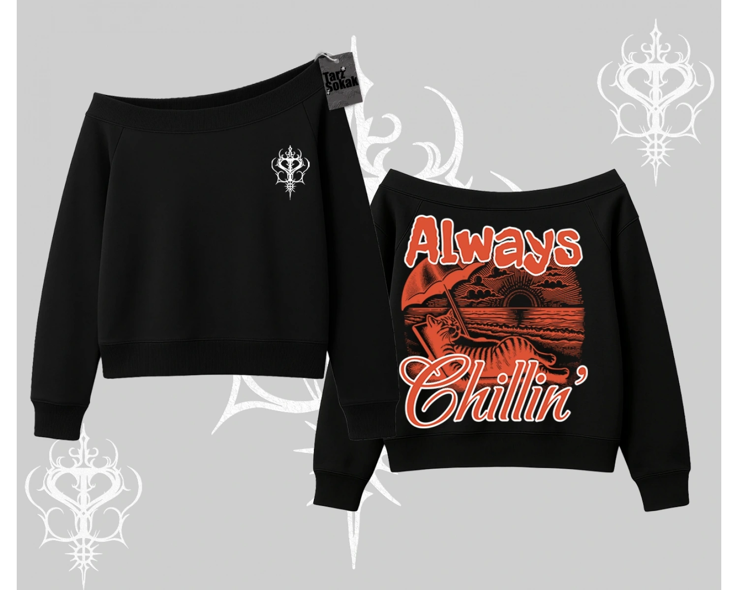 Always Chillin Kedi Arka Baskılı Kayık Yaka Sweatshirt