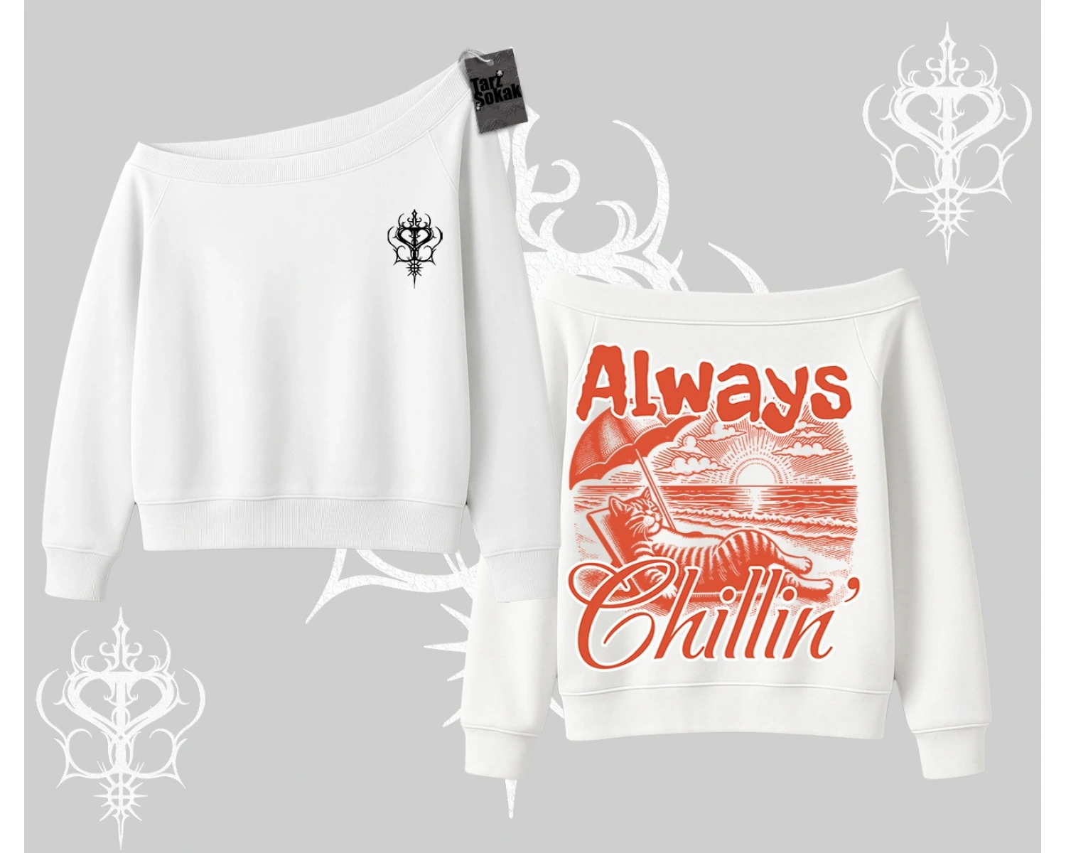 Always Chillin Kedi Arka Baskılı Kayık Yaka Sweatshirt