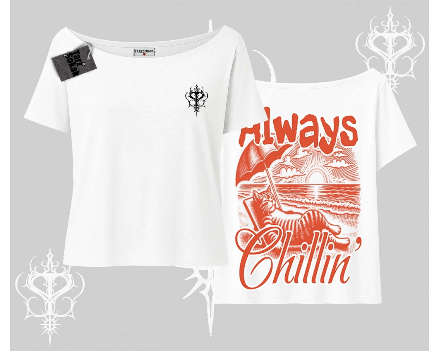 Always Chillin Kedi Arka Baskılı Kayık Yaka Tshirt