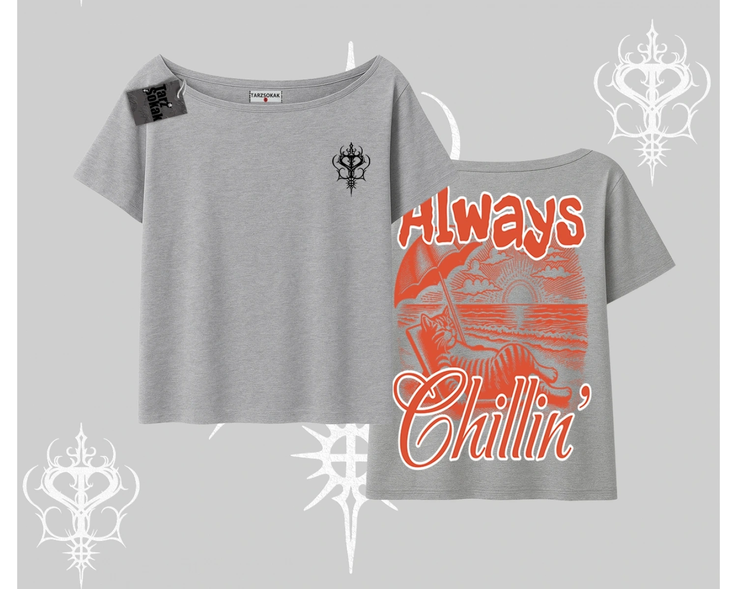 Always Chillin Kedi Arka Baskılı Kayık Yaka Tshirt