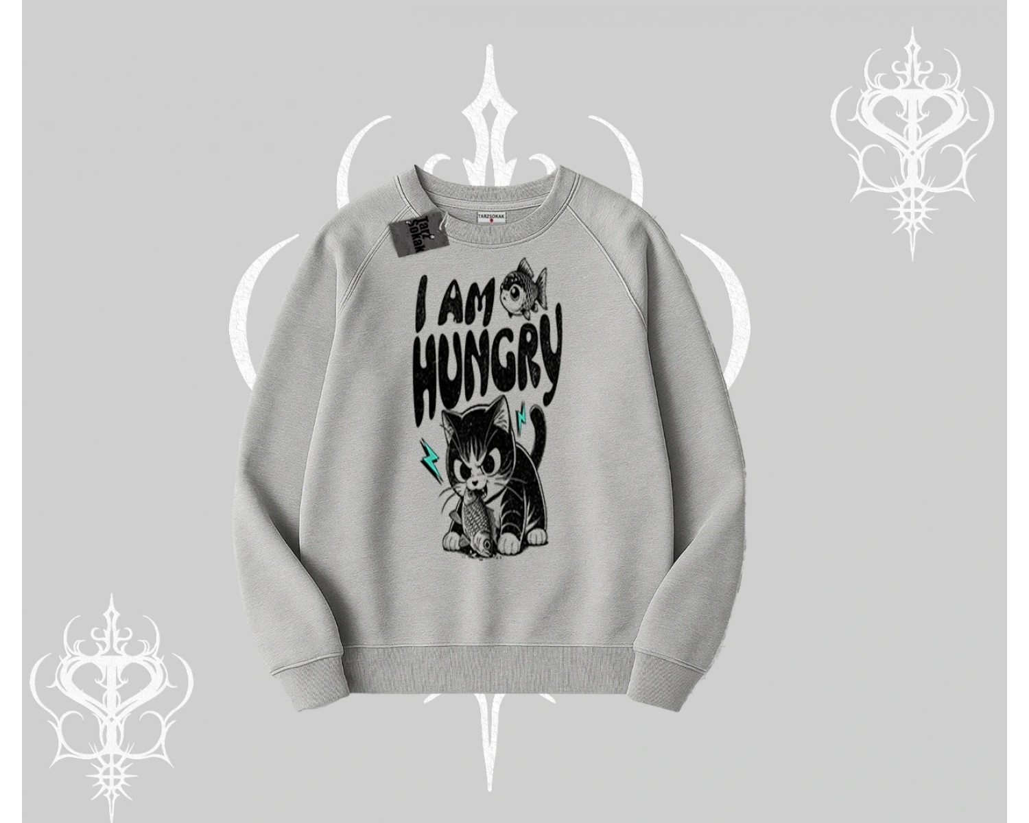 Am Hungry Kedi Baskılı Biskilet Sweatshirt