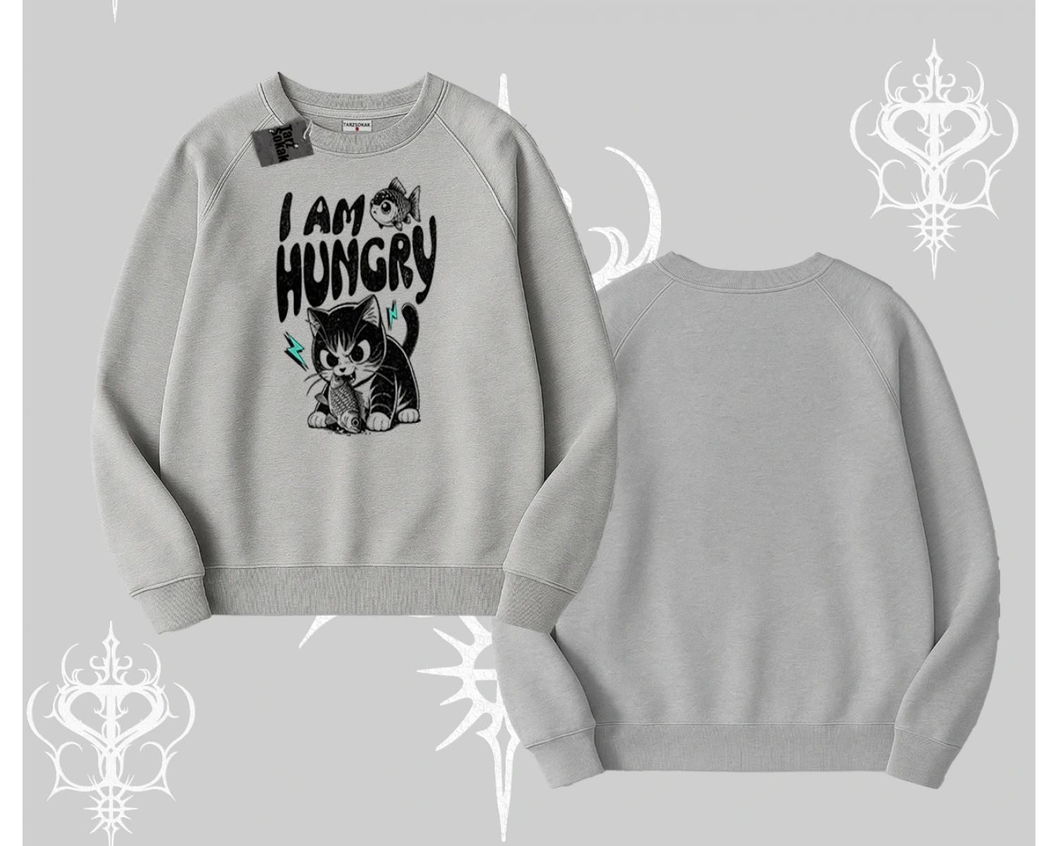 Am Hungry Kedi Baskılı Biskilet Sweatshirt