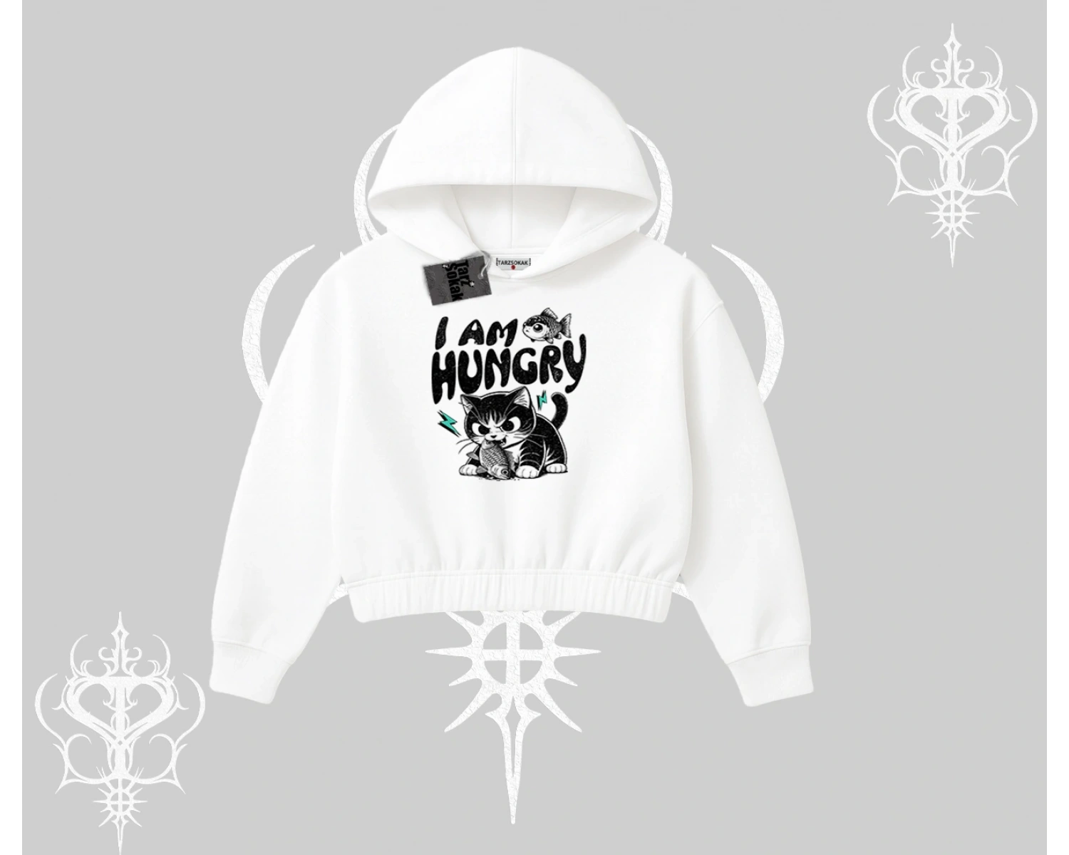 Am Hungry Kedi Baskılı Kapşonlu Crop Sweatshirt