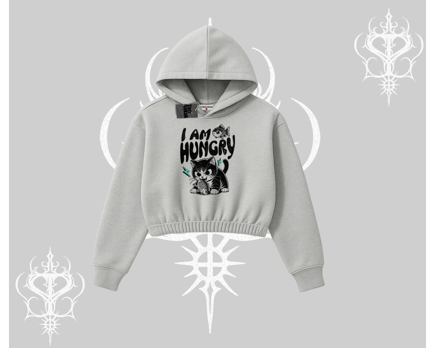 Am Hungry Kedi Baskılı Kapşonlu Crop Sweatshirt