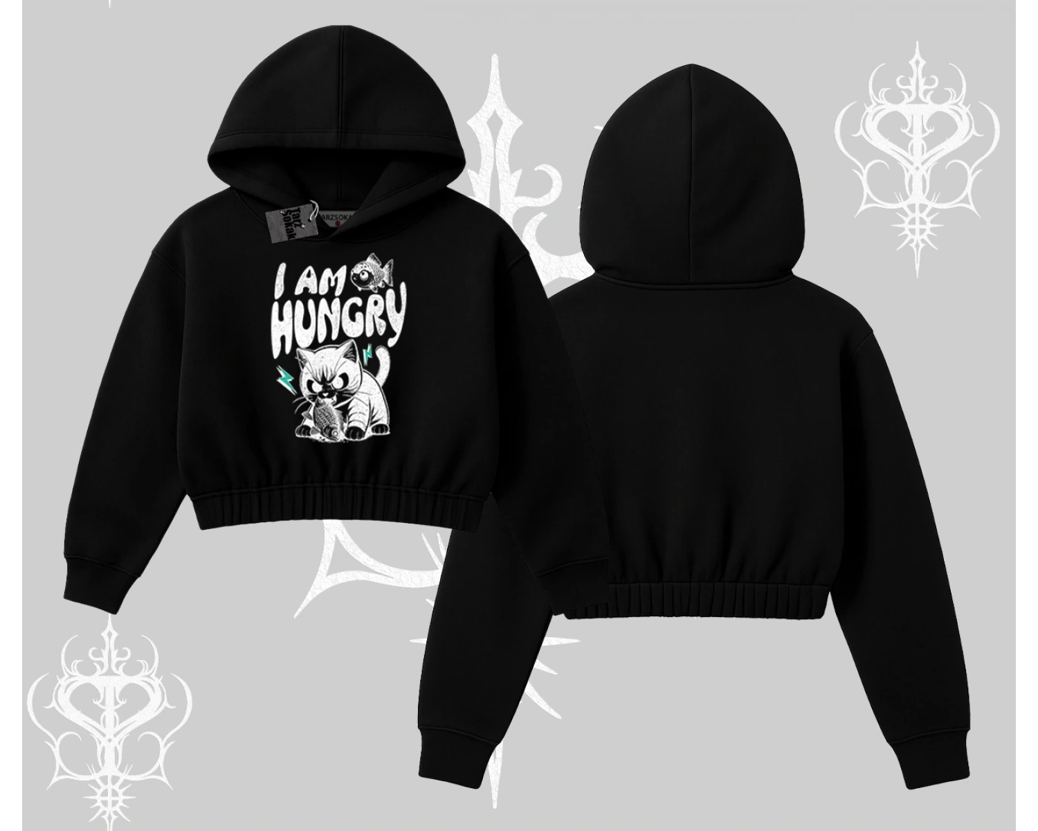 Am Hungry Kedi Baskılı Kapşonlu Crop Sweatshirt