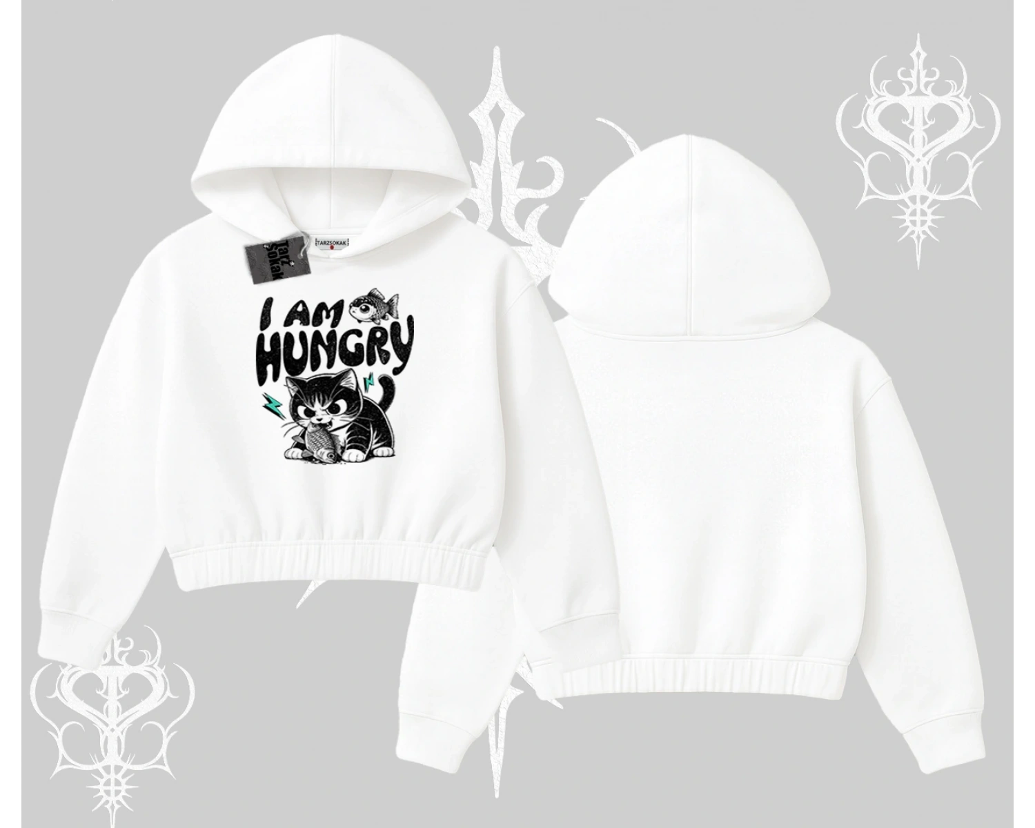 Am Hungry Kedi Baskılı Kapşonlu Crop Sweatshirt