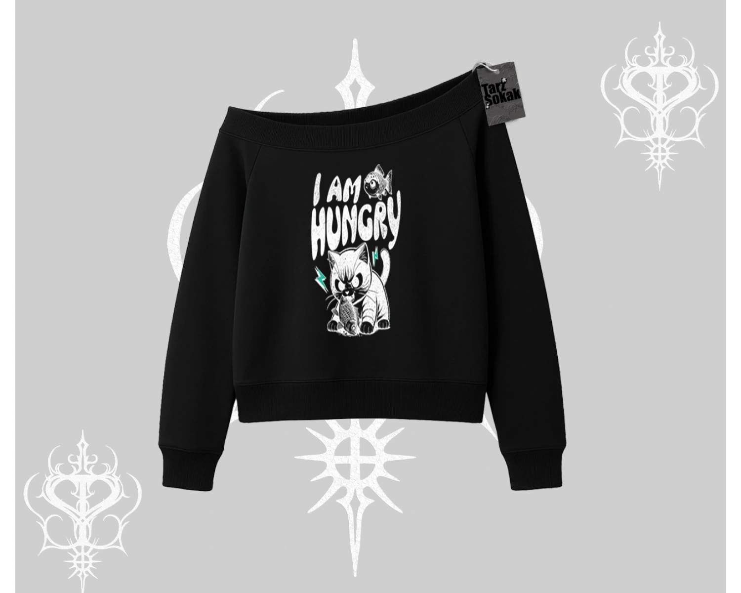 Am Hungry Kedi Baskılı Kayık Yaka Sweatshirt
