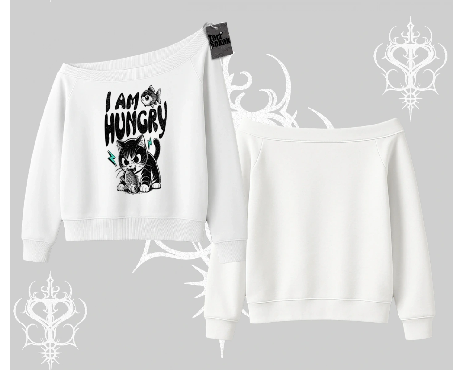 Am Hungry Kedi Baskılı Kayık Yaka Sweatshirt