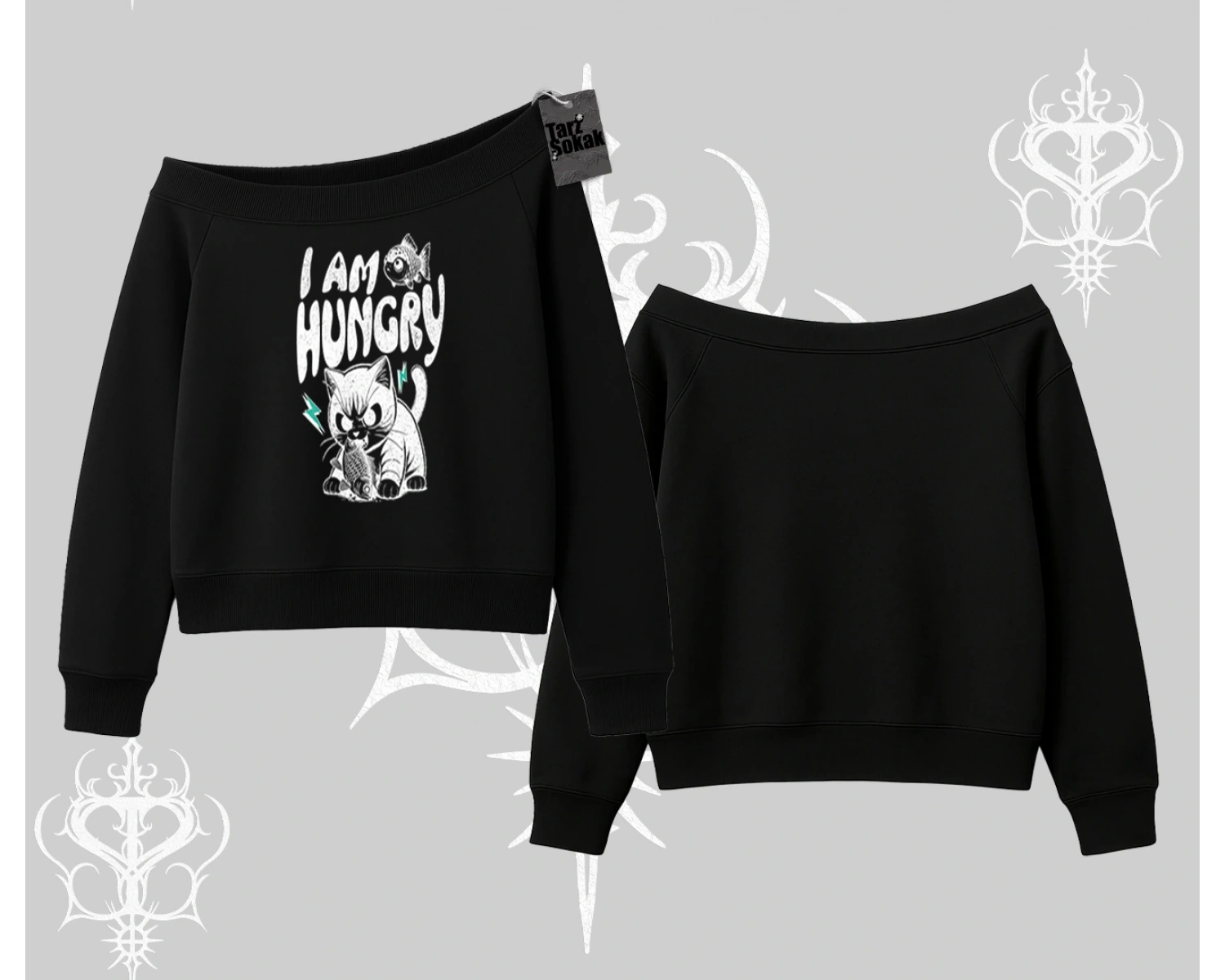 Am Hungry Kedi Baskılı Kayık Yaka Sweatshirt