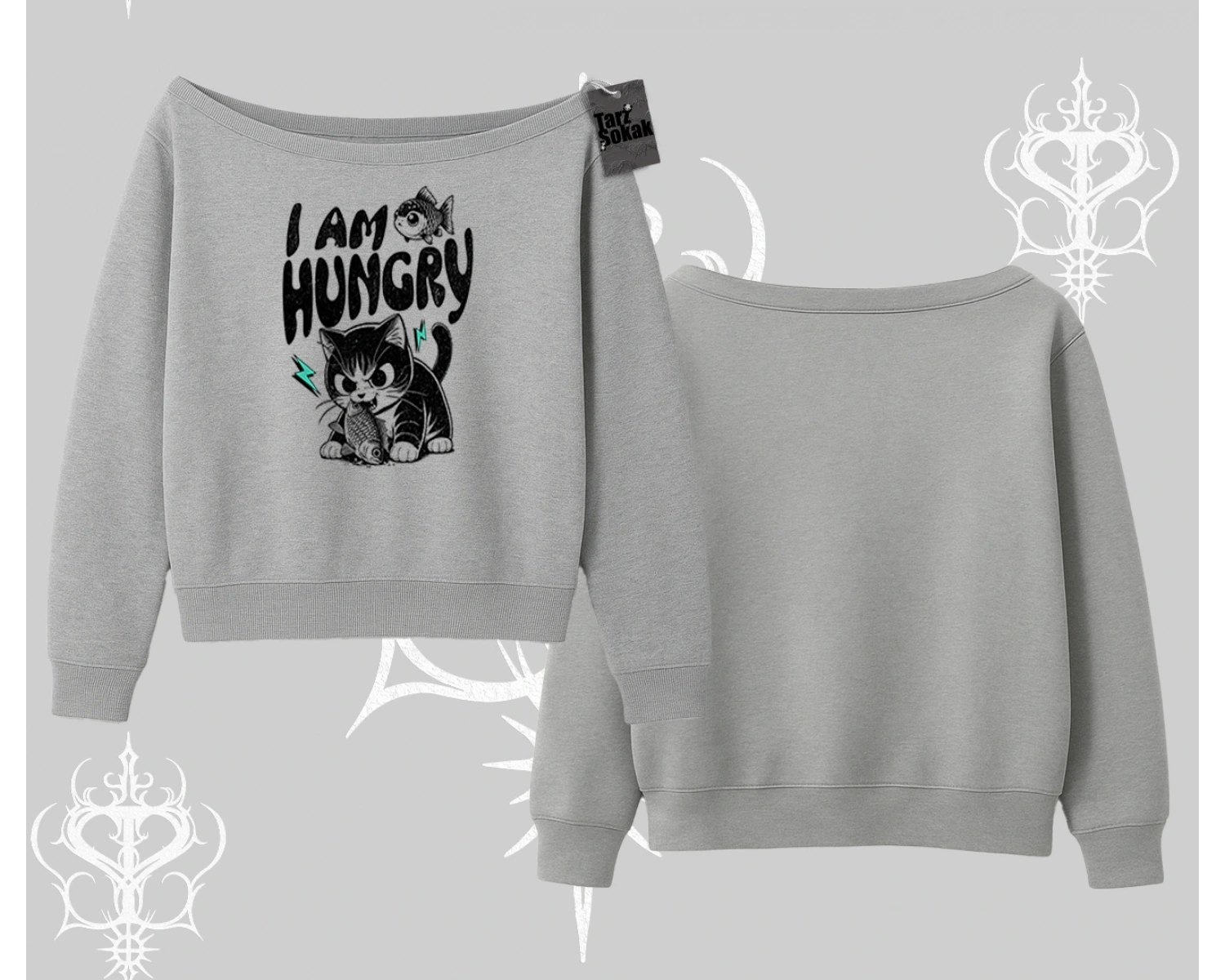 Am Hungry Kedi Baskılı Kayık Yaka Sweatshirt