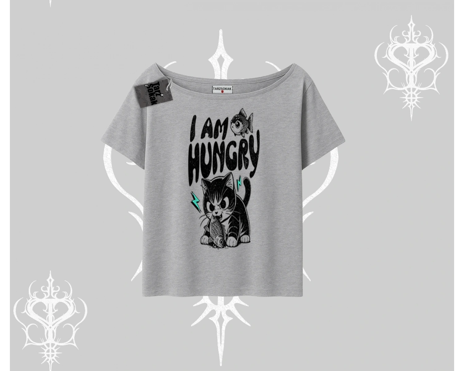 Am Hungry Kedi Baskılı Kayık Yaka Tshirt