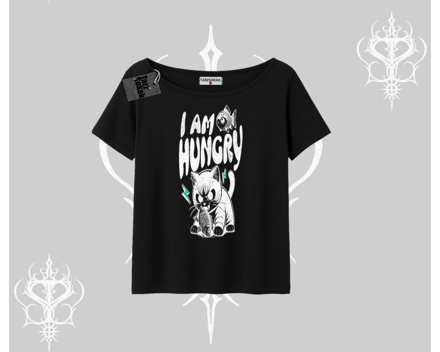 Am Hungry Kedi Baskılı Kayık Yaka Tshirt