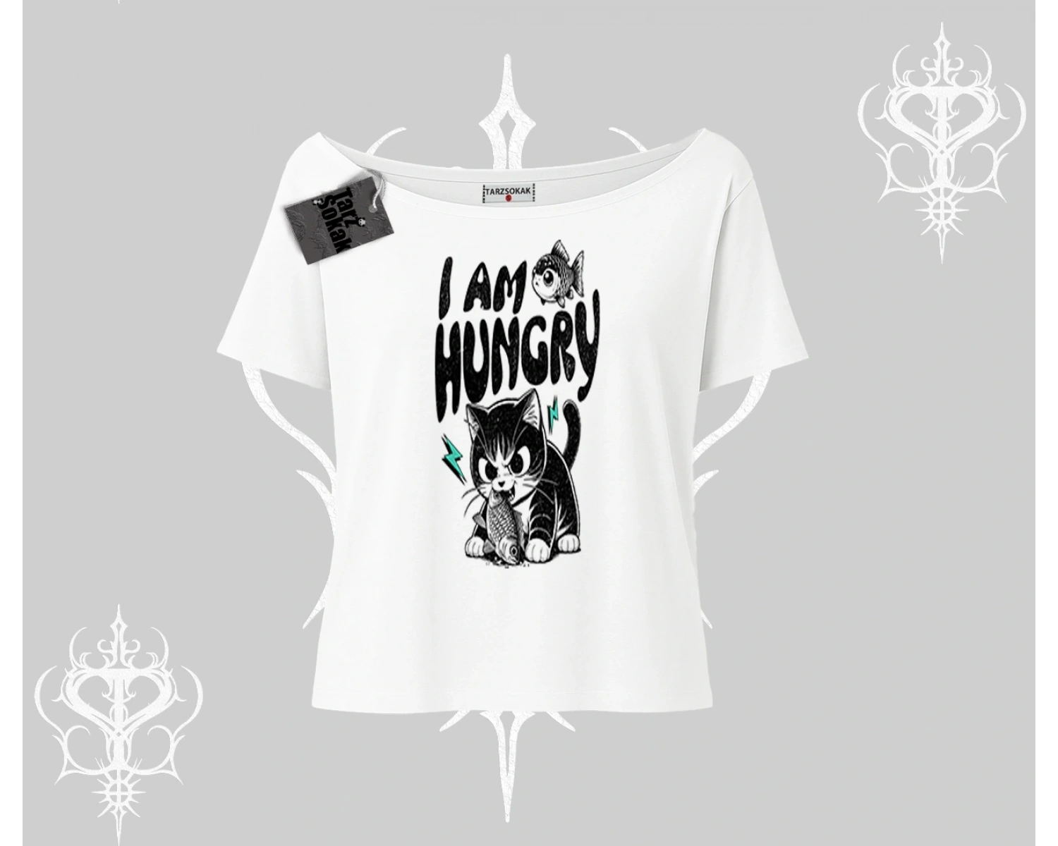 Am Hungry Kedi Baskılı Kayık Yaka Tshirt