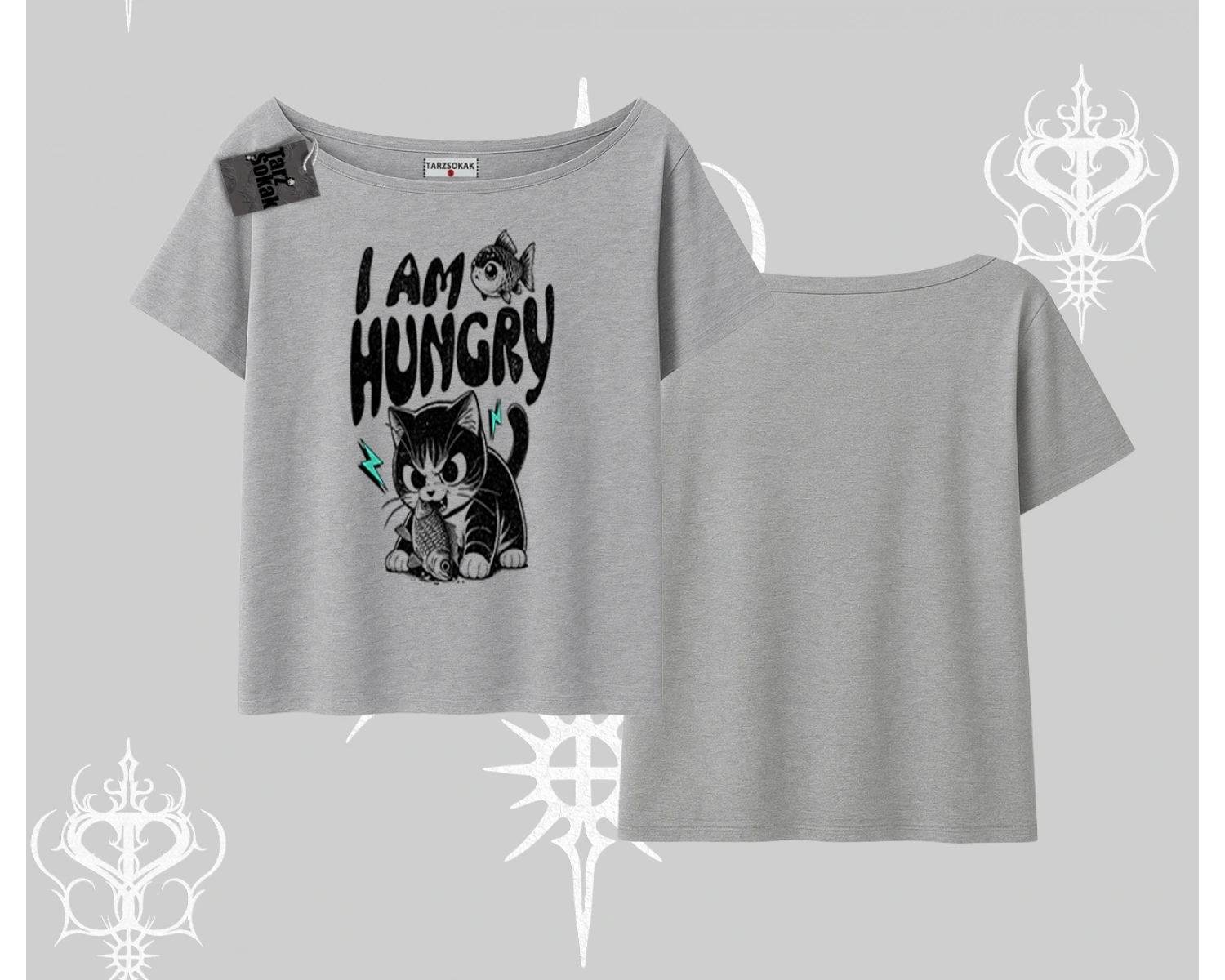 Am Hungry Kedi Baskılı Kayık Yaka Tshirt