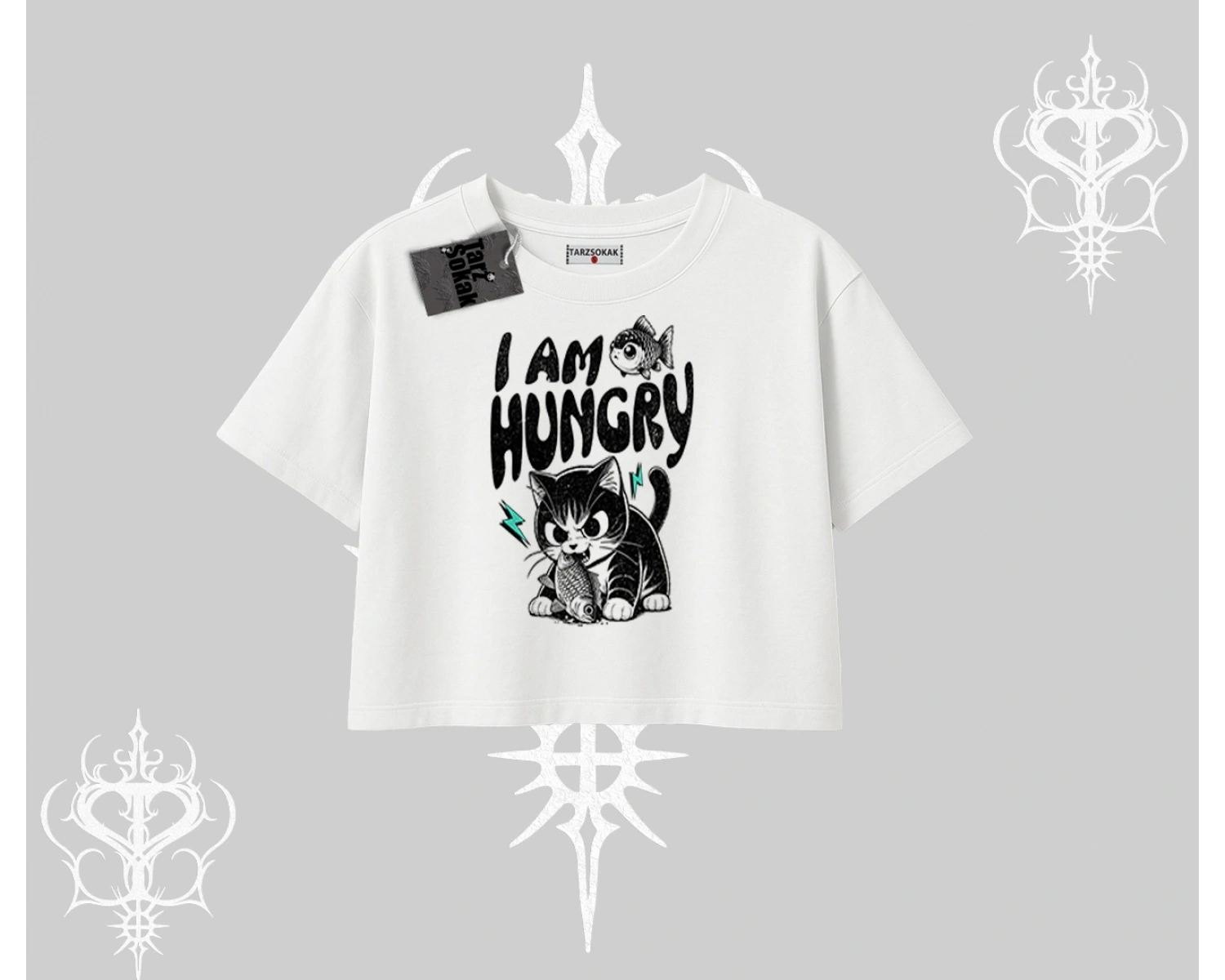 Am Hungry Kedi Baskılı Oversize Crop Tshirt