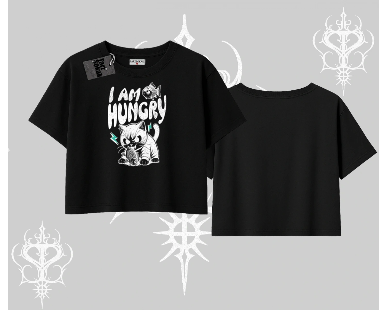 Am Hungry Kedi Baskılı Oversize Crop Tshirt