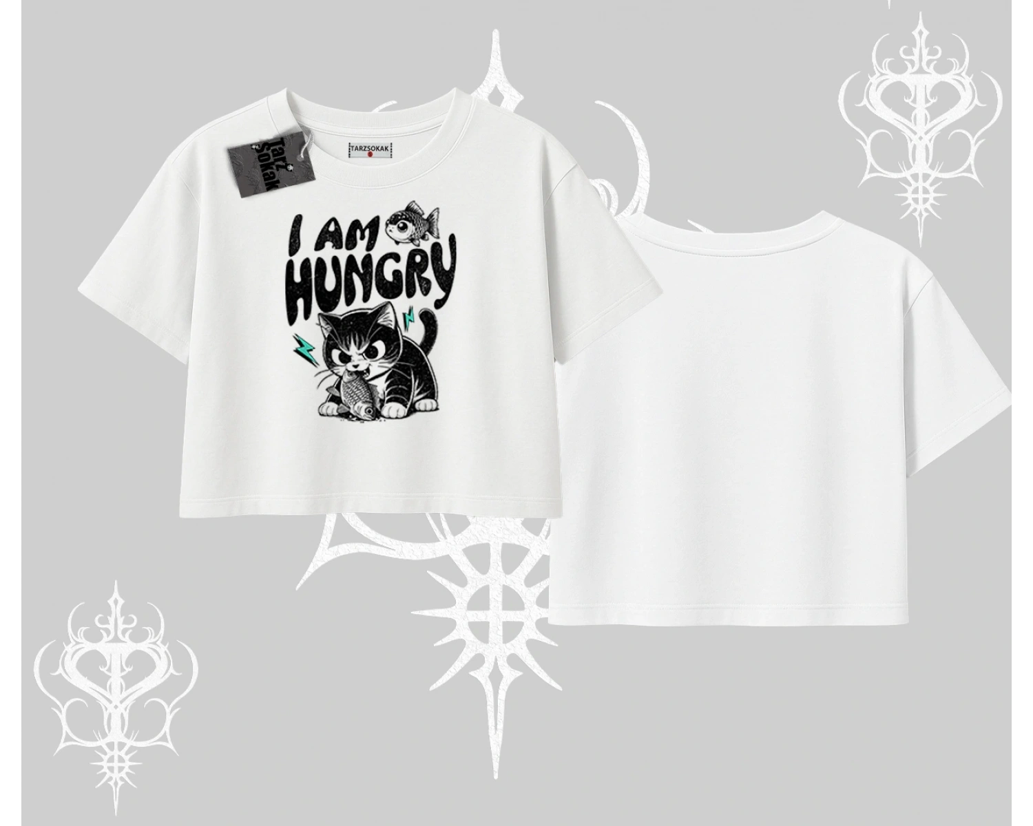 Am Hungry Kedi Baskılı Oversize Crop Tshirt