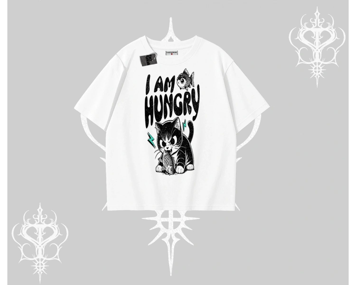 Am Hungry Kedi Baskılı Oversize Tshirt