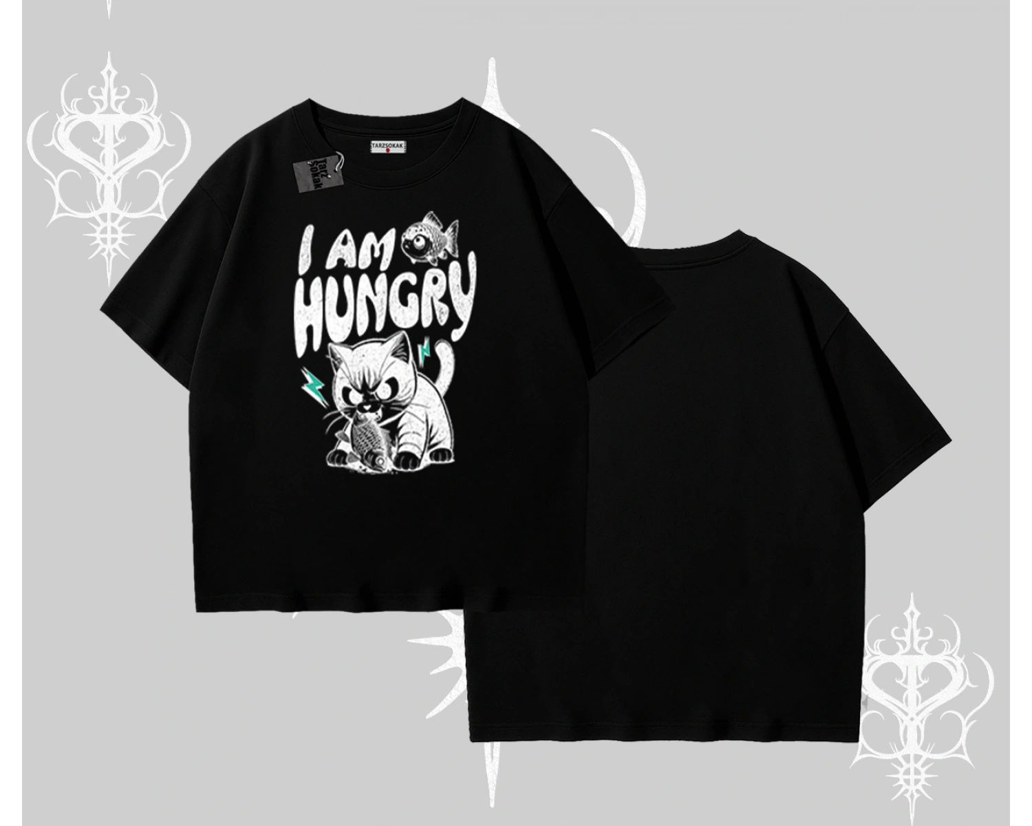 Am Hungry Kedi Baskılı Oversize Tshirt