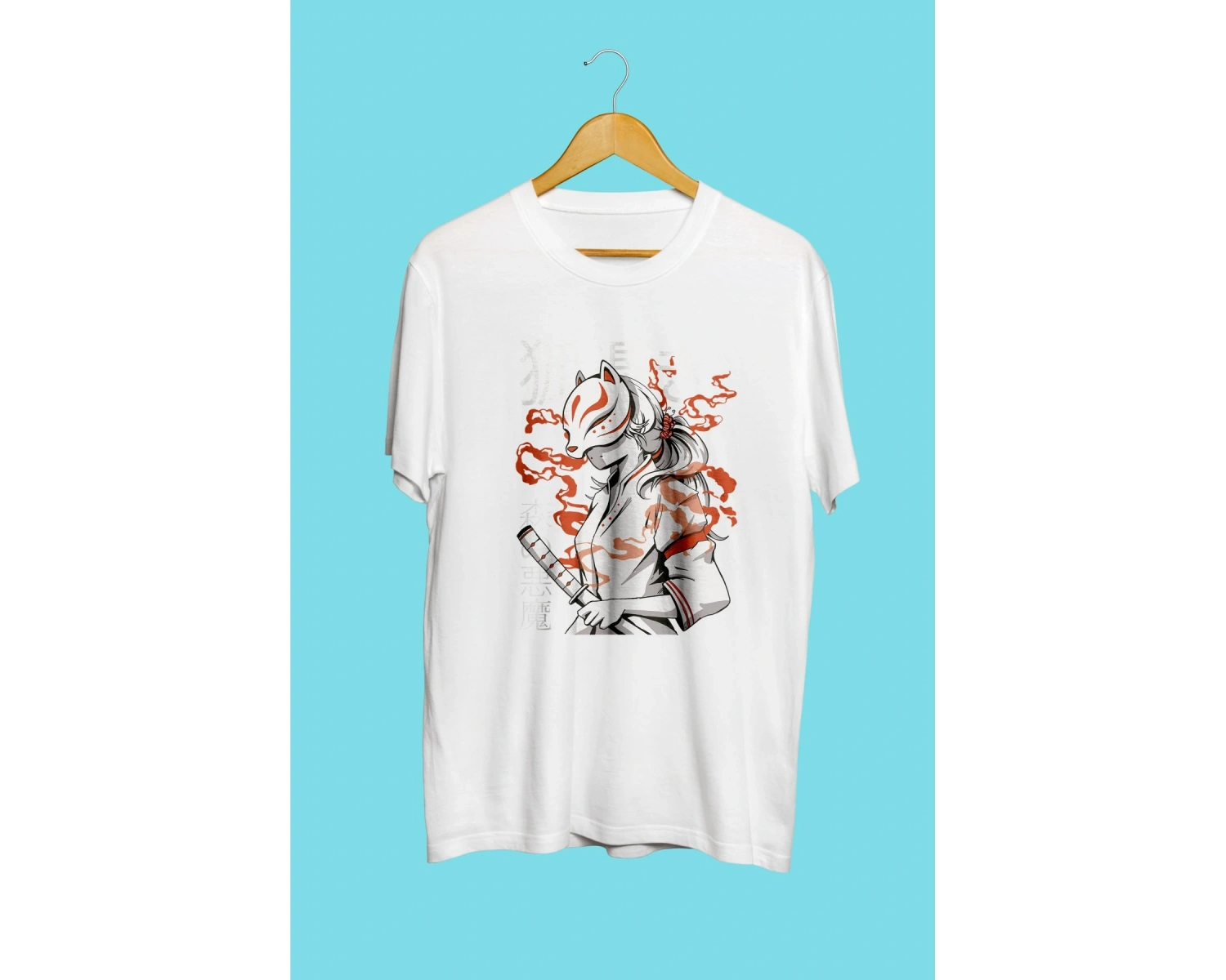 Anime Demon Slayer Maskeli Kedi Tasarım Baskılı Unisex Tişört