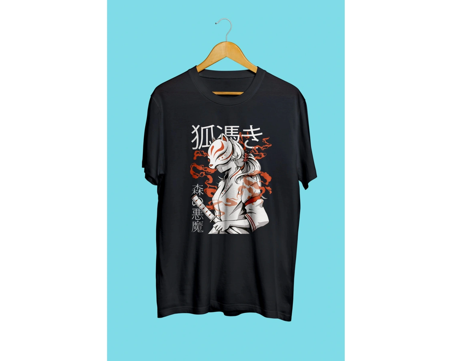 Anime Demon Slayer Maskeli Kedi Tasarım Baskılı Unisex Tişört