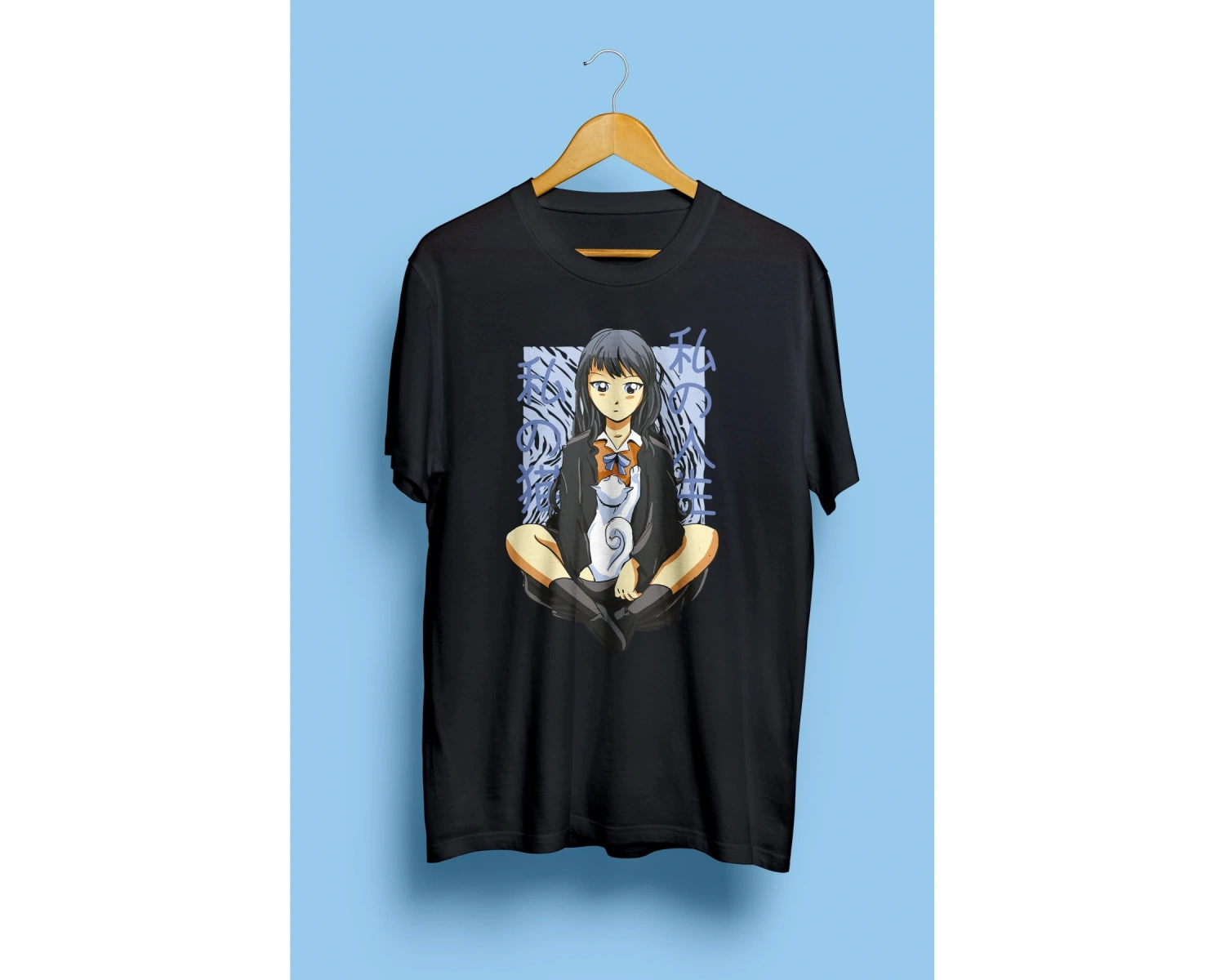 Anime Genç Kız Ve Evcil Kedisi Tasarım Baskılı Unisex Tişört