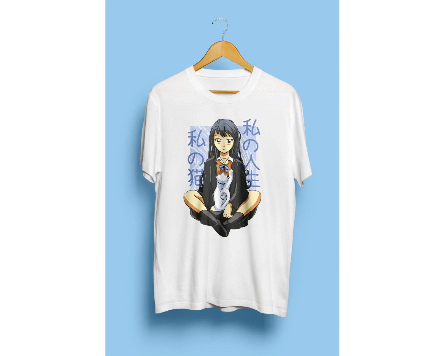 Anime Genç Kız Ve Evcil Kedisi Tasarım Baskılı Unisex Tişört