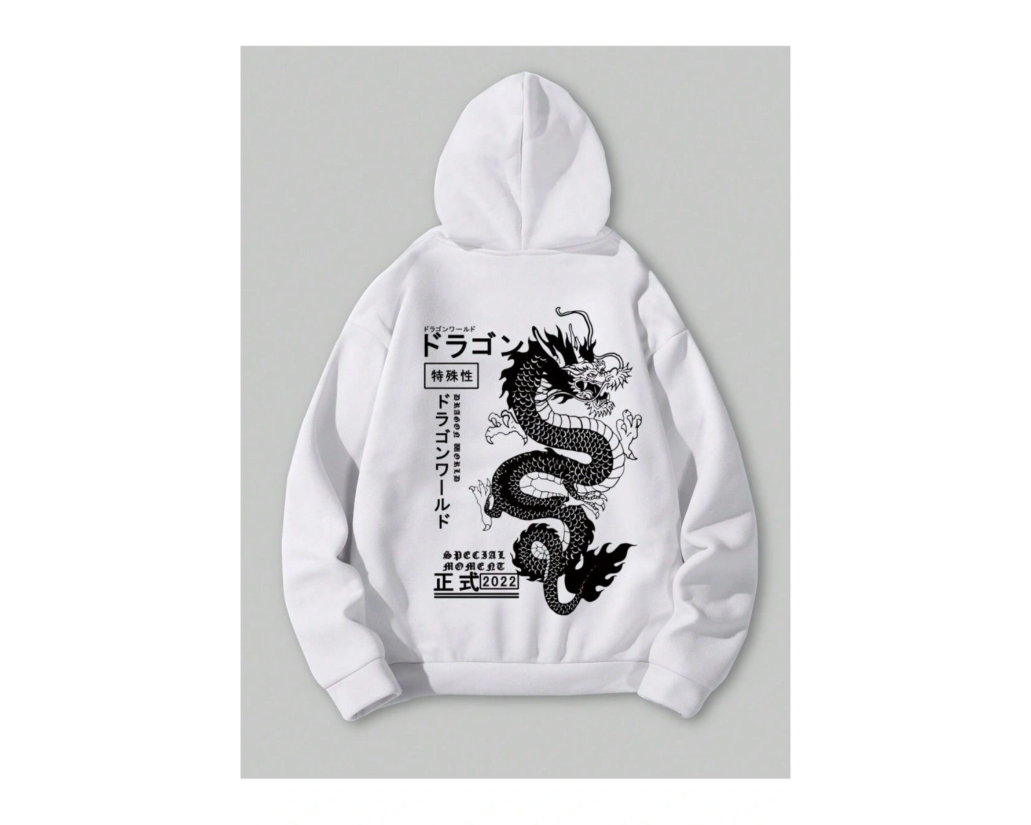 Anime Guys Dragon & Letter Graphic Drawstring Lined Hoodie Beyaz