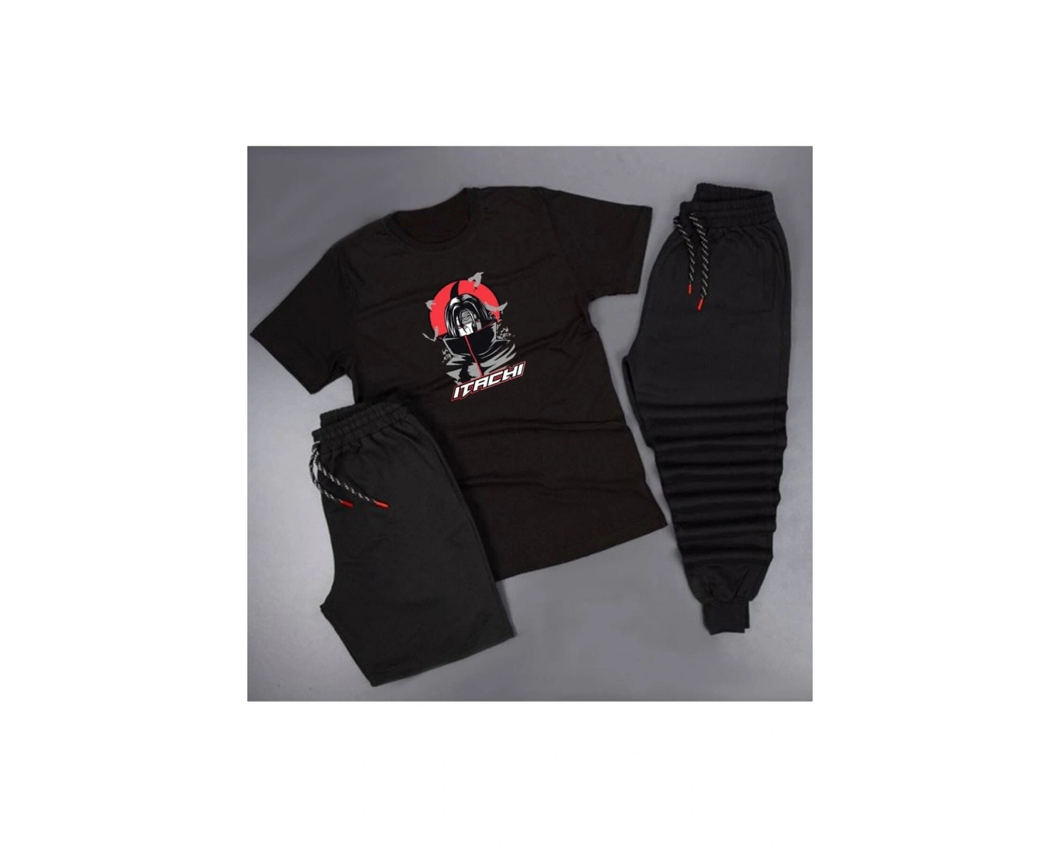 Anime Itachi Yazı Detaylı Baskılı Unisex Yazlık Şort - Normal Kalıp Tişört - Eşofman