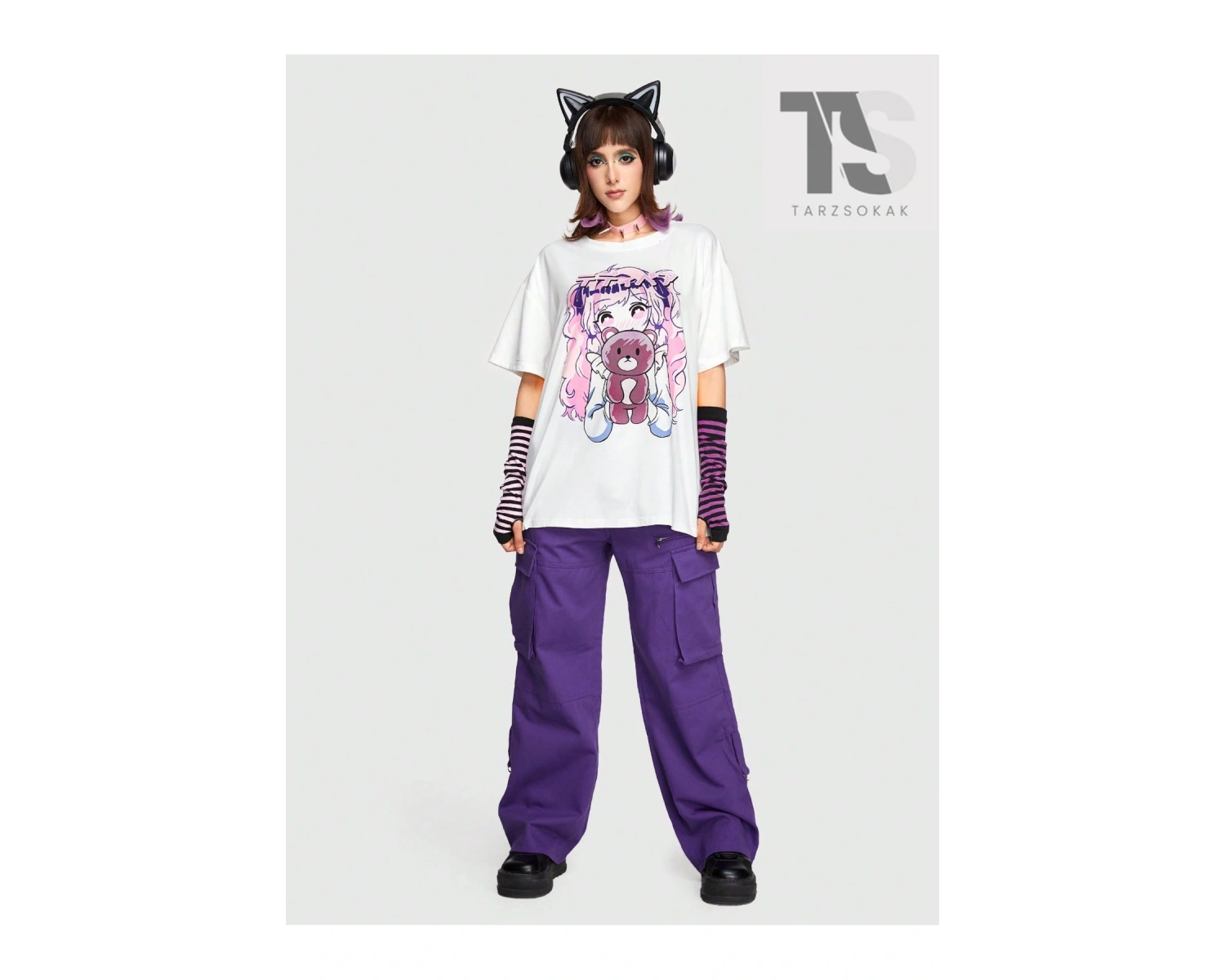 Anime Kadın Sevimli Büyük Boy Kısa Kollu Tişört Karikatür Kız Ve Ayı Baskı