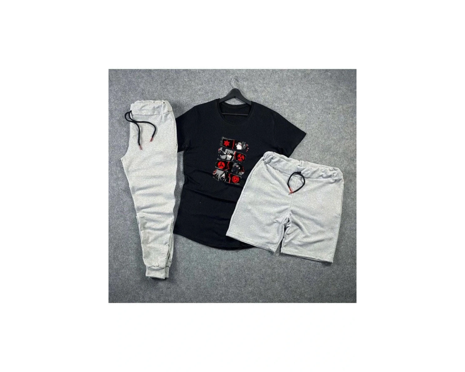 Anime Sharingan Baskılı Unisex Yazlık Şort - Normal Kalıp Tişört - Eşofman Altı Komb