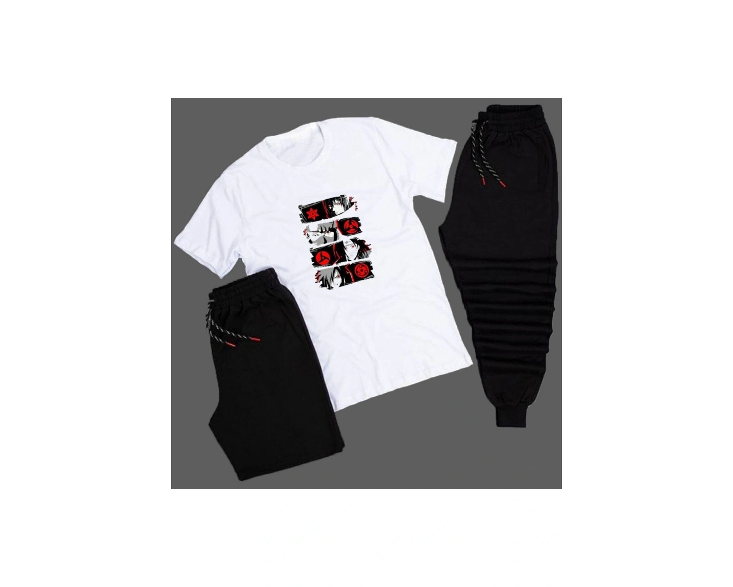 Anime Sharingan Baskılı Unisex Yazlık Şort - Normal Kalıp Tişört - Eşofman Altı Komb