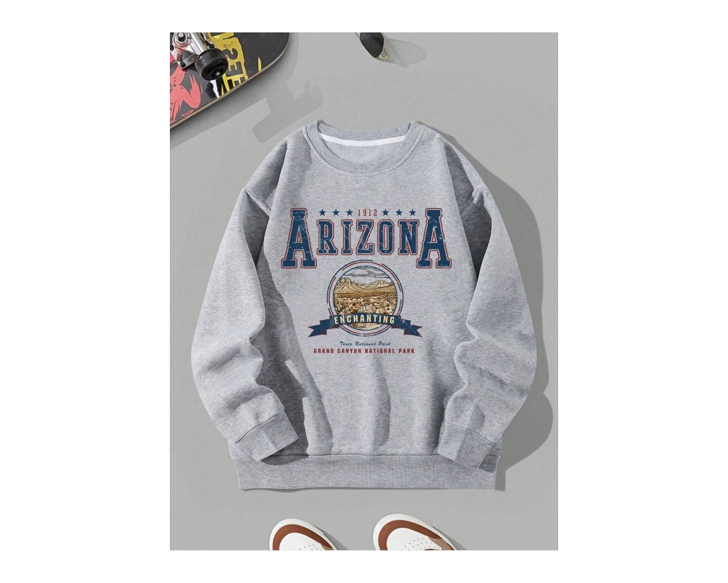 Arizona Baskılı Üç İplik Unisex Oversize Sweatshirt Gri