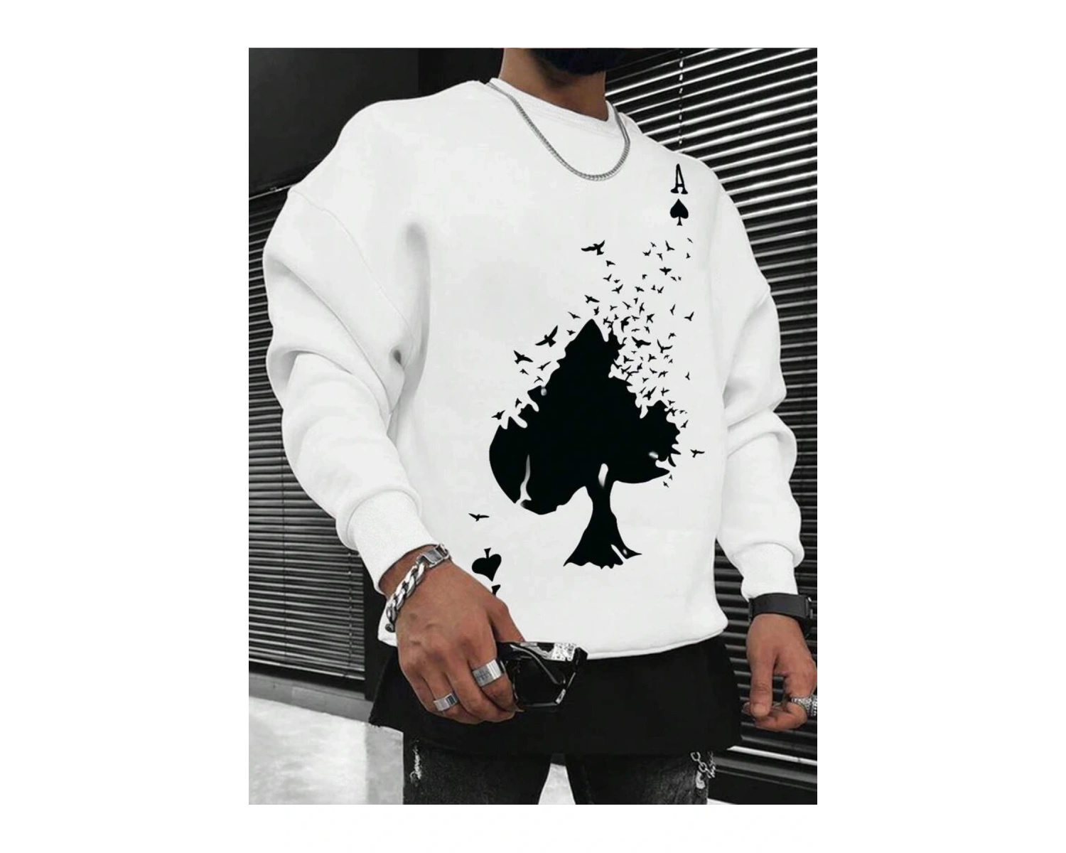 ASS Renkli Oversize Bisiklet Yaka Pamuklu Sweatshirt Beyaz