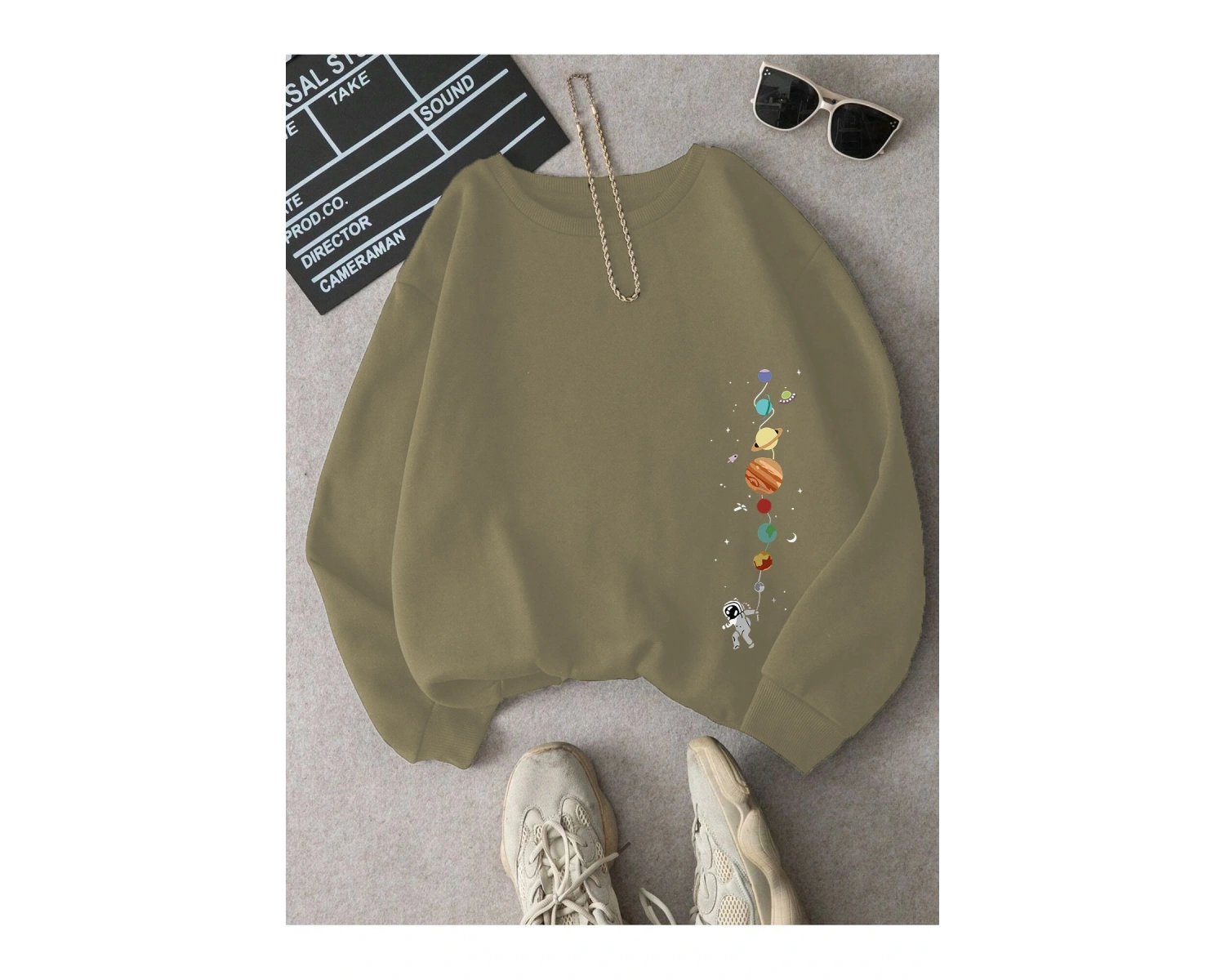 Astronot ve Gezegen baskılı Üç İplik ünisex oversize sweatshirt Bej