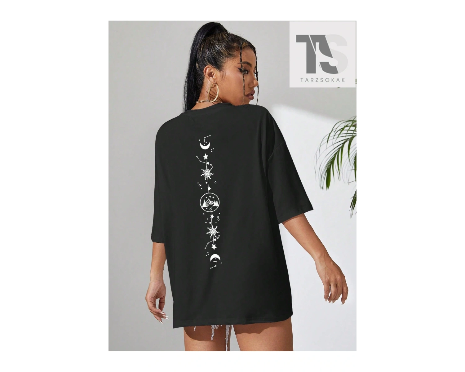 Ay Ve Güneş Baskılı Düşük Omuz Oversize Tişört