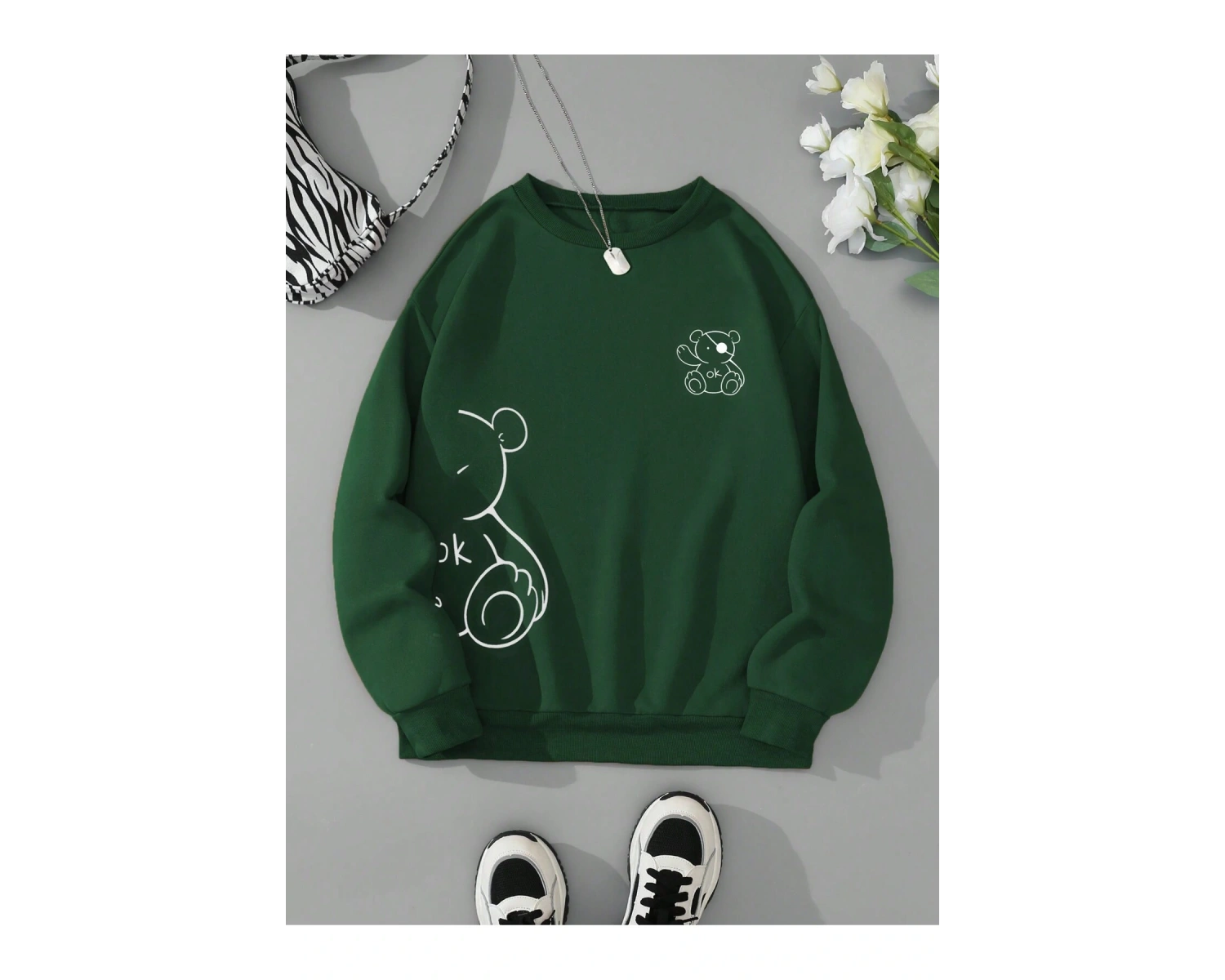 Ayı Desenli Termal Astarlı Sweat Yeşil